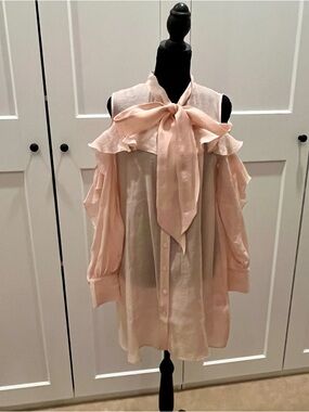 J. Inc Blush Peachy Pink Cold Shoulder Dress with Ruffle and Bow Detailing